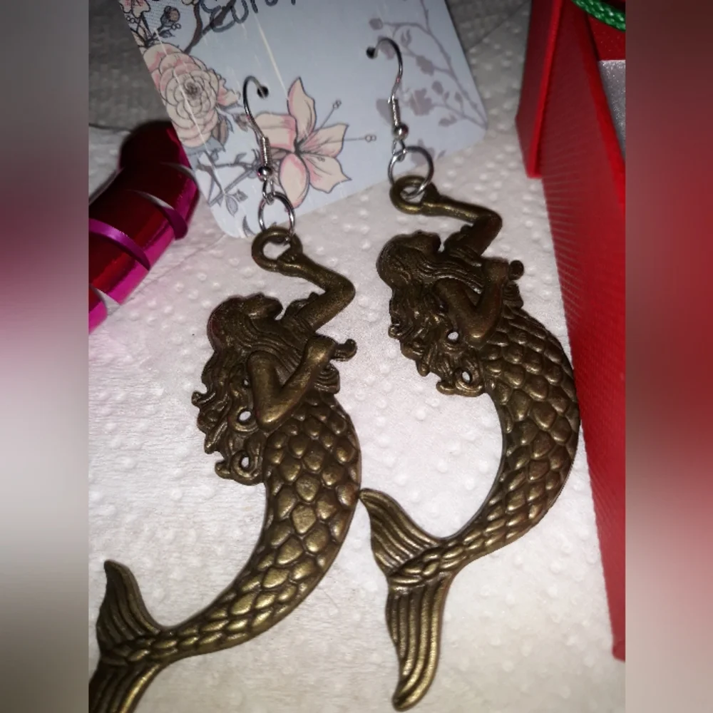Gold Mermaid Dangle Earrings Hand Crafted NEW